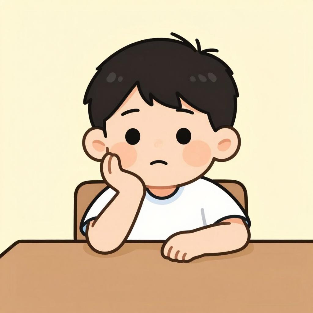 A child sitting at a wooden table with their chin resting on their hand, looking tired and disinterested.