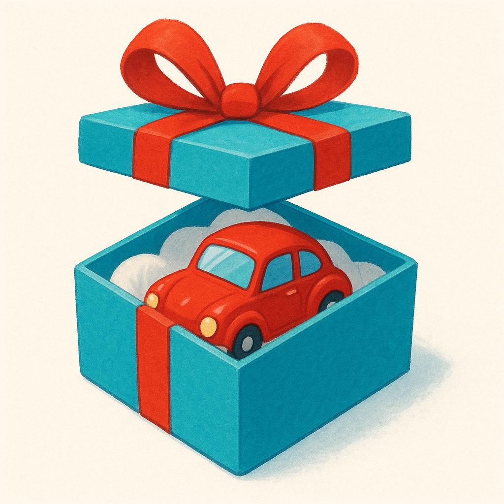 A colorful gift box with a small toy car placed inside it among tissue paper.