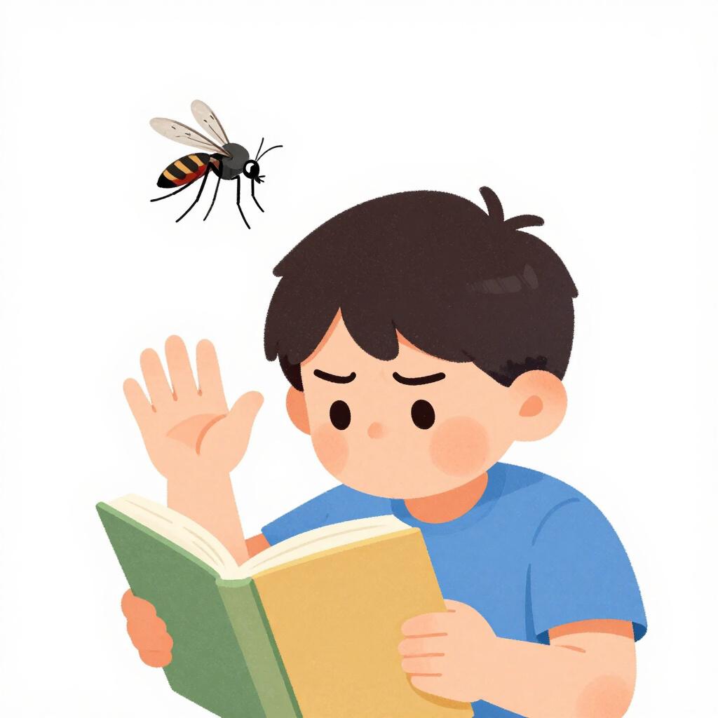 A small buzzing mosquito flying around the head of a person trying to read a book.