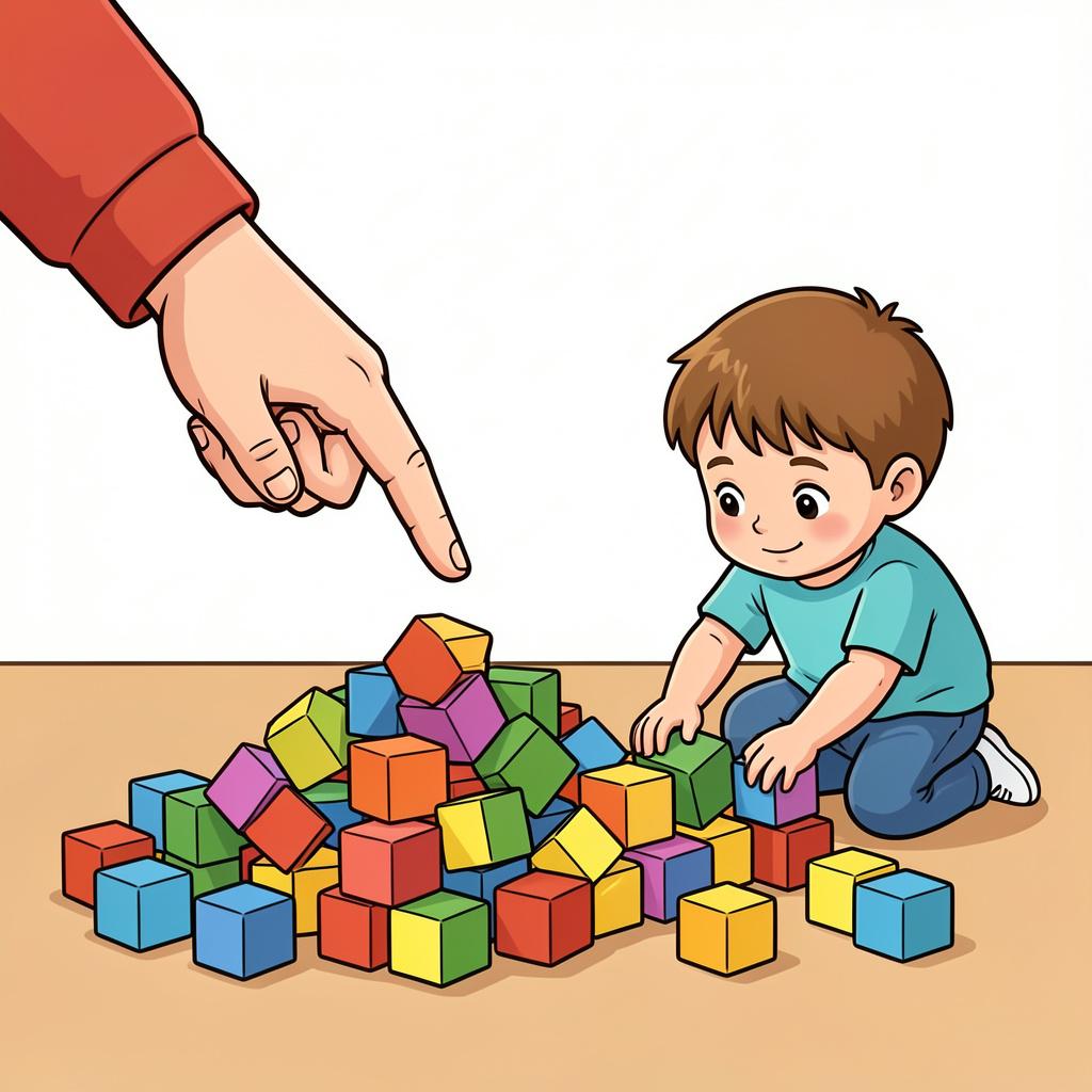 A child being pointed towards a pile of toys to clean up by an adult's hand.