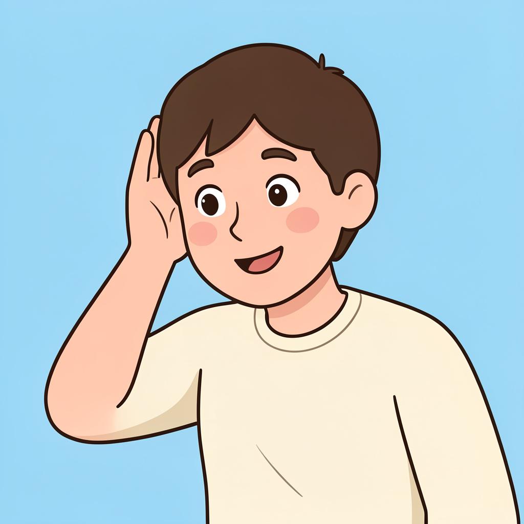 A person leaning in with a hand cupped behind their ear, looking curious and attentive.