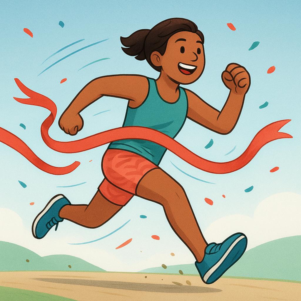 A vibrant, simple illustration showing a stylized athlete mid-run, actively breaking a finish line ribbon. The athlete looks focused on the immediate present action.