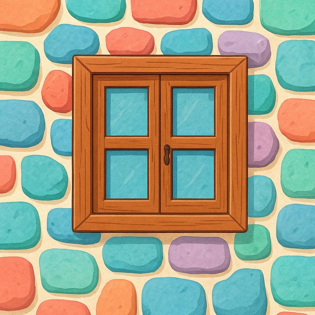 A simple, closed wooden window set into a brightly colored stone wall, illustrating a physical building opening.