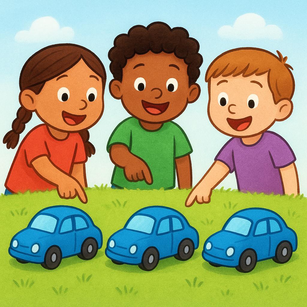 Three children (two boys and one girl) happily pointing at three identical blue toy cars lined up neatly on the grass, signifying shared ownership.