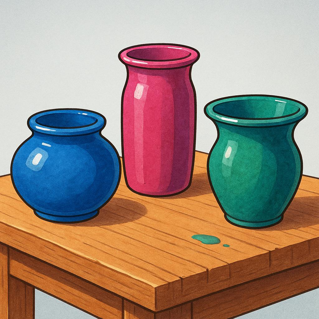 Three brightly colored, finished ceramic pots sitting on a wooden workbench, illustrating that they have been created.