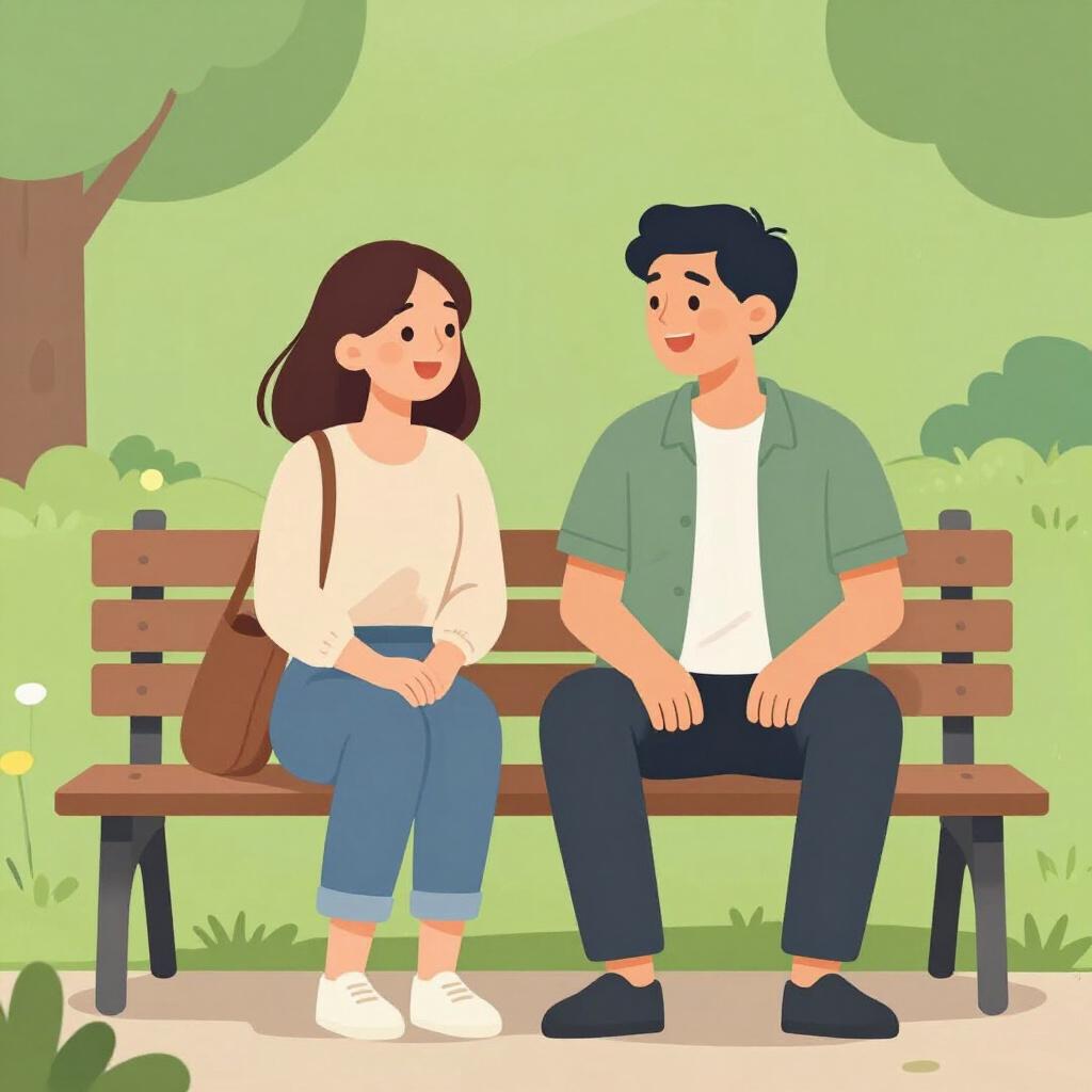 Eine farbenfrohe Illustration, die zwei enge Freunde zeigt, die auf einer Parkbank sitzen und sich warm anlächeln, was etablierte Vertrautheit signalisiert.