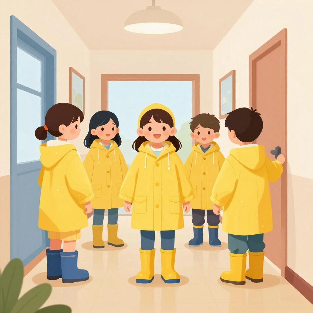A group of children putting on rain boots and coats before going outside into the rain.