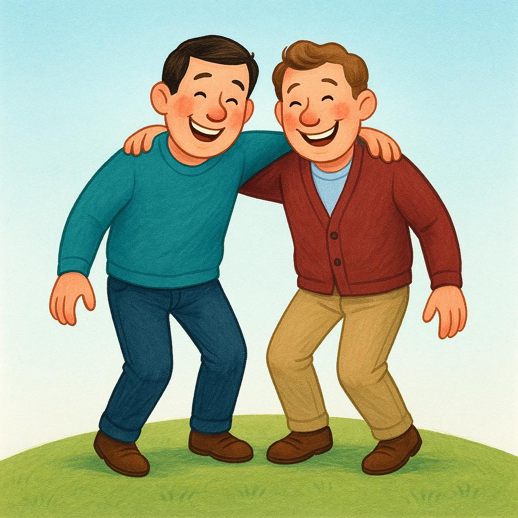Two adult men with wide, goofy smiles and rosy cheeks are leaning heavily on each other, struggling slightly to maintain balance, illustrating a state of intoxication.
