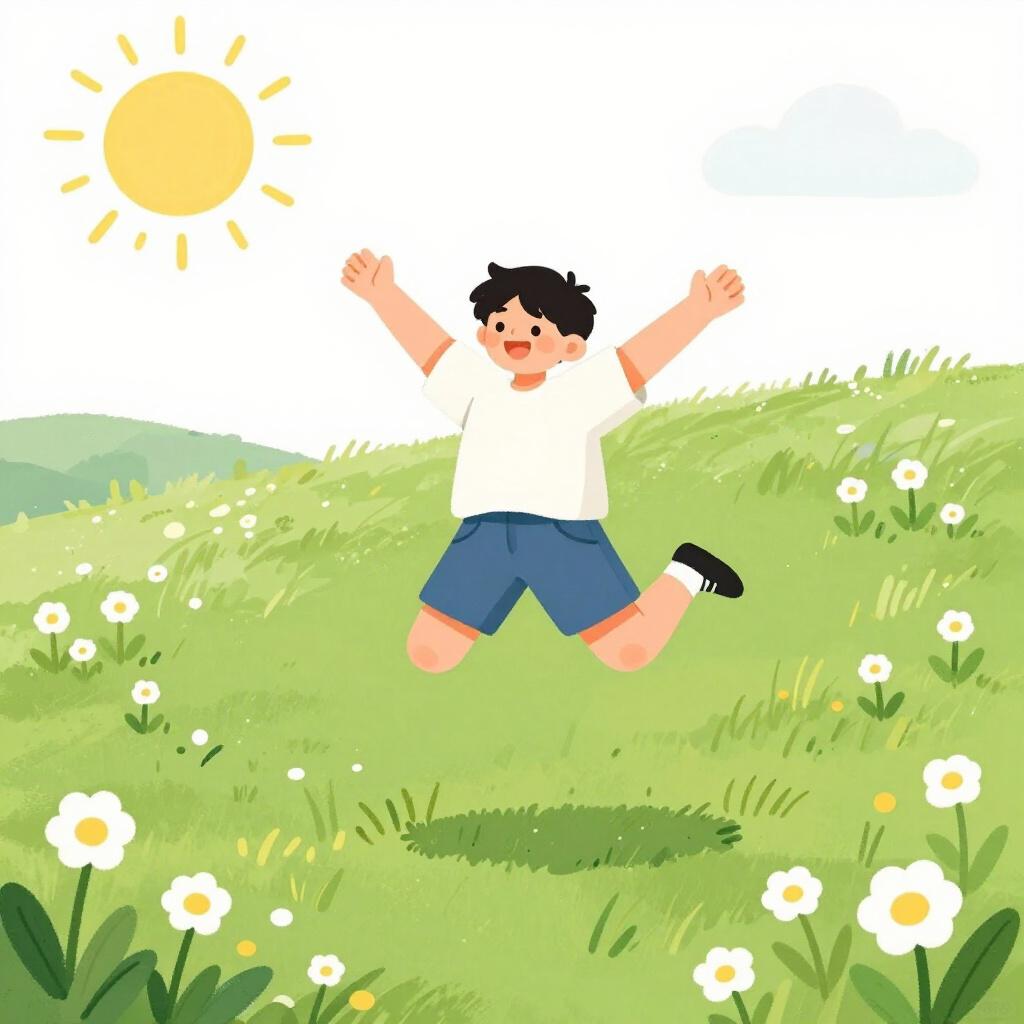A cheerful person jumping for joy in a sunny meadow with colorful flowers.