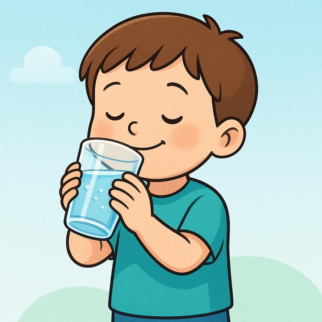 A simple cartoon illustration of a child holding a clear glass and drinking water.