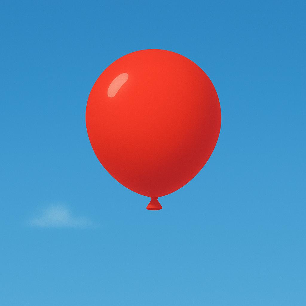 A bright red balloon floating high in a clear blue sky, completely untethered, symbolizing freedom and independence.