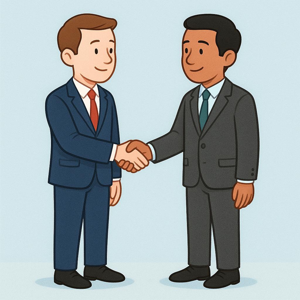 Two well-dressed men politely shaking hands in a formal setting.