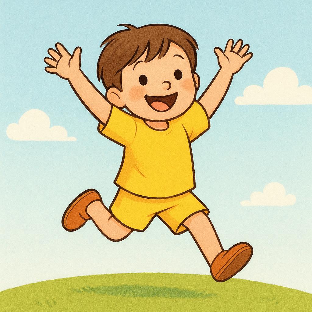 A vibrant illustration of a young child with a wide smile, wearing bright yellow clothes and jumping joyfully in the air against a simple background.