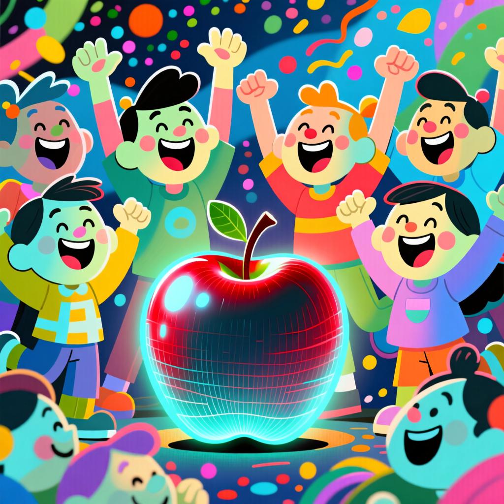 A group of stylized, joyful cartoon characters cheering enthusiastically with bright smiles and raised arms, surrounding a single, perfectly ripe, glowing red apple.