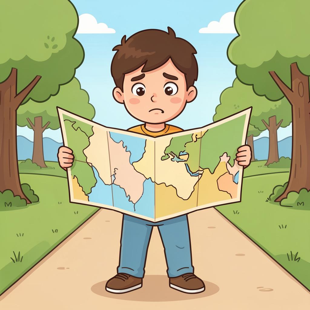 A person looking confused while holding a complex map upside down in a simple storybook style.