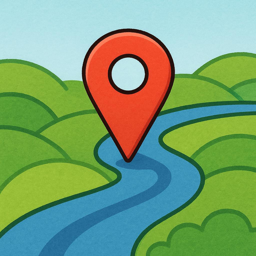 A vibrant storybook illustration featuring a large red map marker pin stuck into a stylized, colorful map depicting a landscape of green hills and a small blue river.