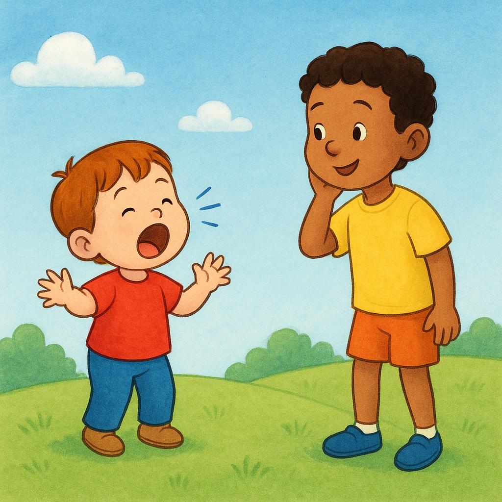 A colorful illustration showing a child shouting towards another child who is cupping their ear to listen intently, illustrating 'to hear me'.