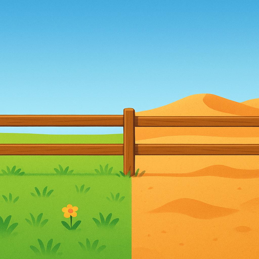 A simple wooden fence running horizontally across the image, clearly dividing a vibrant green field on one side from a sandy orange desert on the other, representing a border.