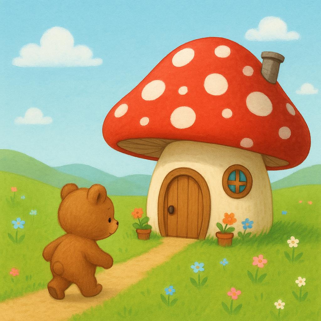 A bear cub is walking across a field, moving closer to a brightly colored red mushroom house in the distance.
