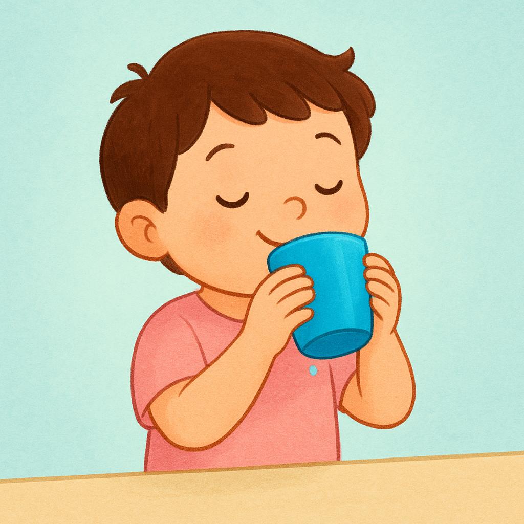 A simple illustration showing a joyful child drinking liquid from a brightly colored blue cup.