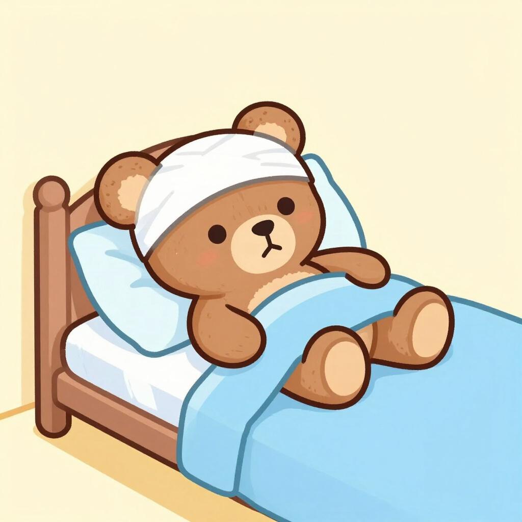 A sad teddy bear lying in a small bed with a bandage wrapped around its head and a thermometer in its mouth.