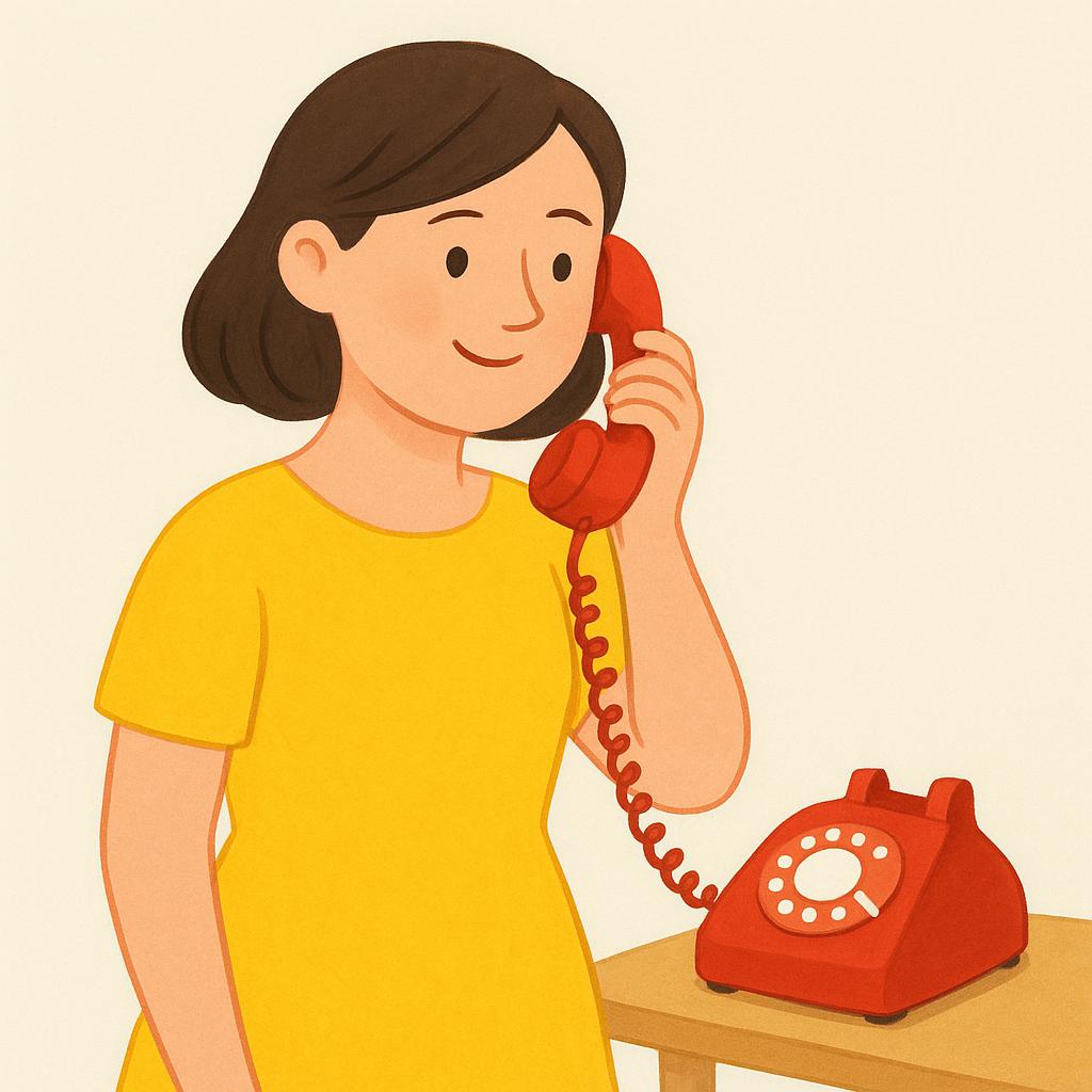 A woman in a colorful dress holding a vintage red telephone receiver up to her ear, smiling as she engages in a conversation.