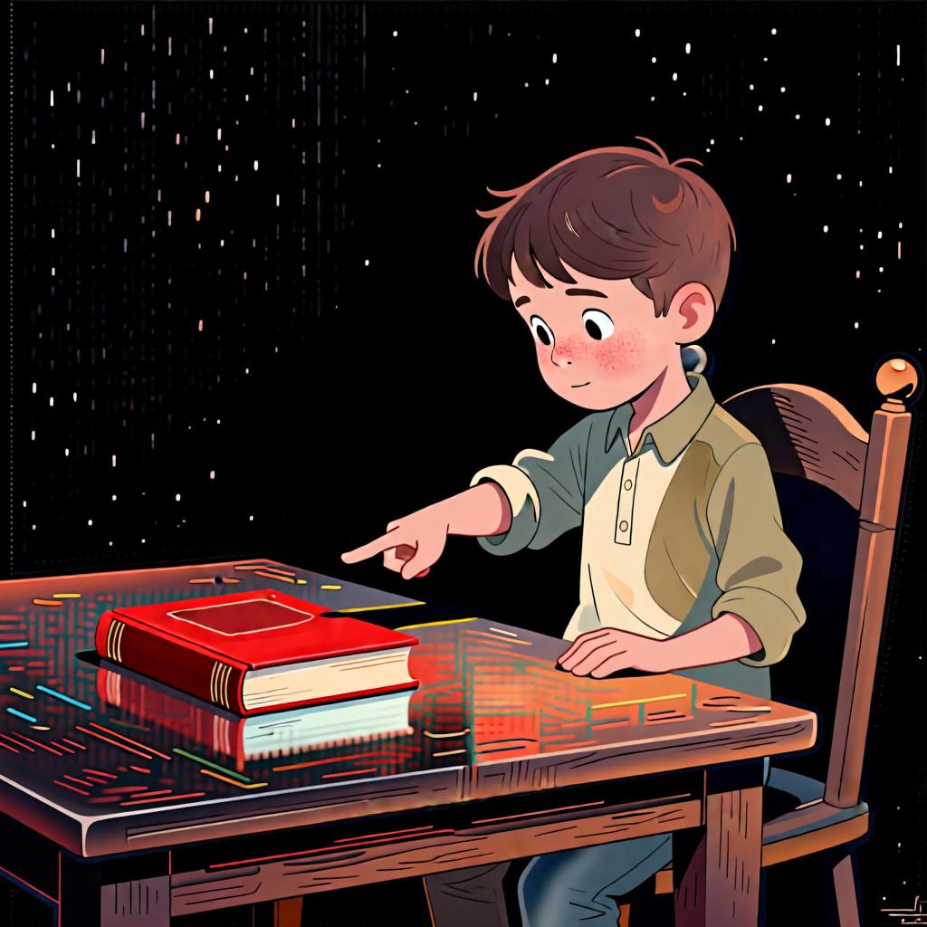 A young boy pointing specifically to a single red book on a wooden table, illustrating how 'el' is used to talk about 'the' specific book.