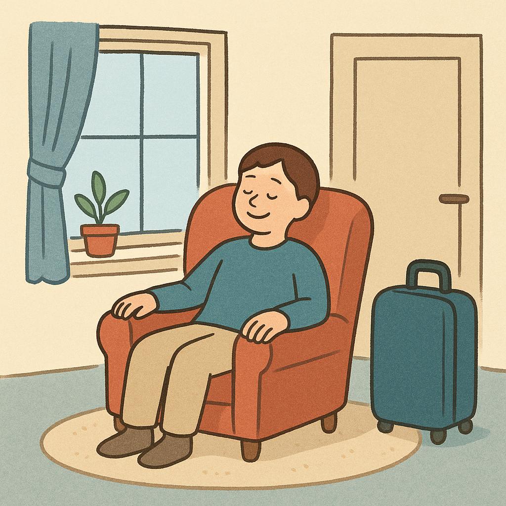 A cheerful person sitting relaxed in an armchair inside a room next to a window, illustrating the act of staying.