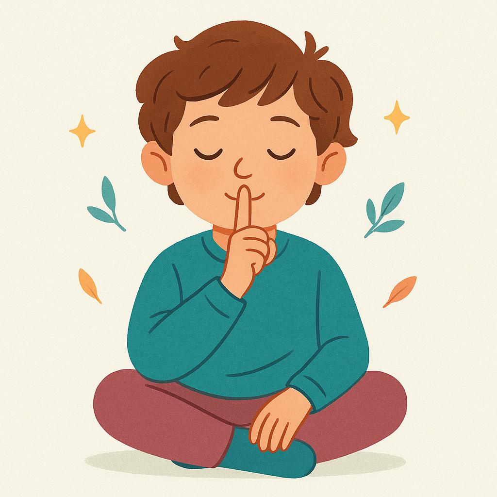 A drawing of a child sitting calmly, pressing a finger vertically to their lips to signal silence in a serene setting.