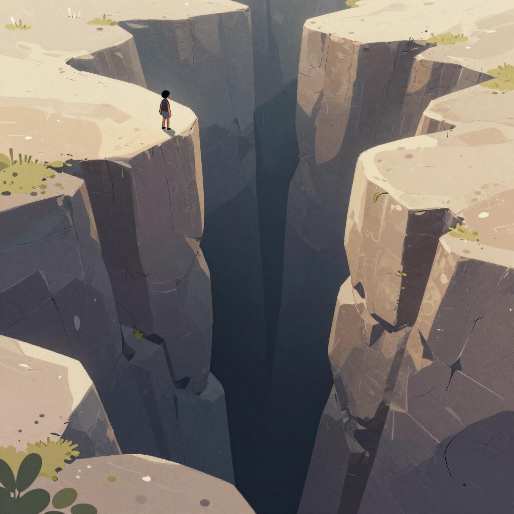Eine winzige Figur steht am Rand einer riesigen, tiefen Steinschlucht, die in Dunkelheit führt.