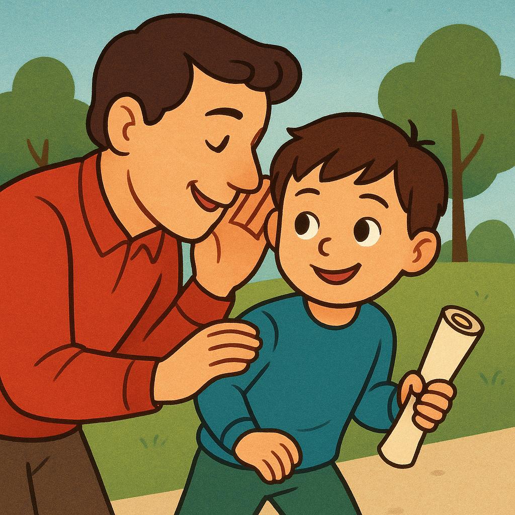 A smiling adult character leaning down and whispering a secret instruction directly into the ear of a young child character. The child is holding a rolled-up piece of paper, ready to run off and deliver the message.