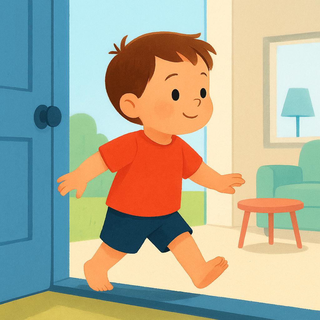 A small child is depicted in motion, stepping across the threshold of a blue door frame, illustrating the physical action of entering a room.
