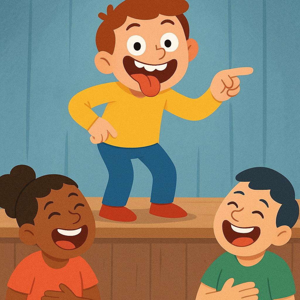 A colorful illustration of a person telling a joke on a small stage, causing two audience members to laugh hysterically.
