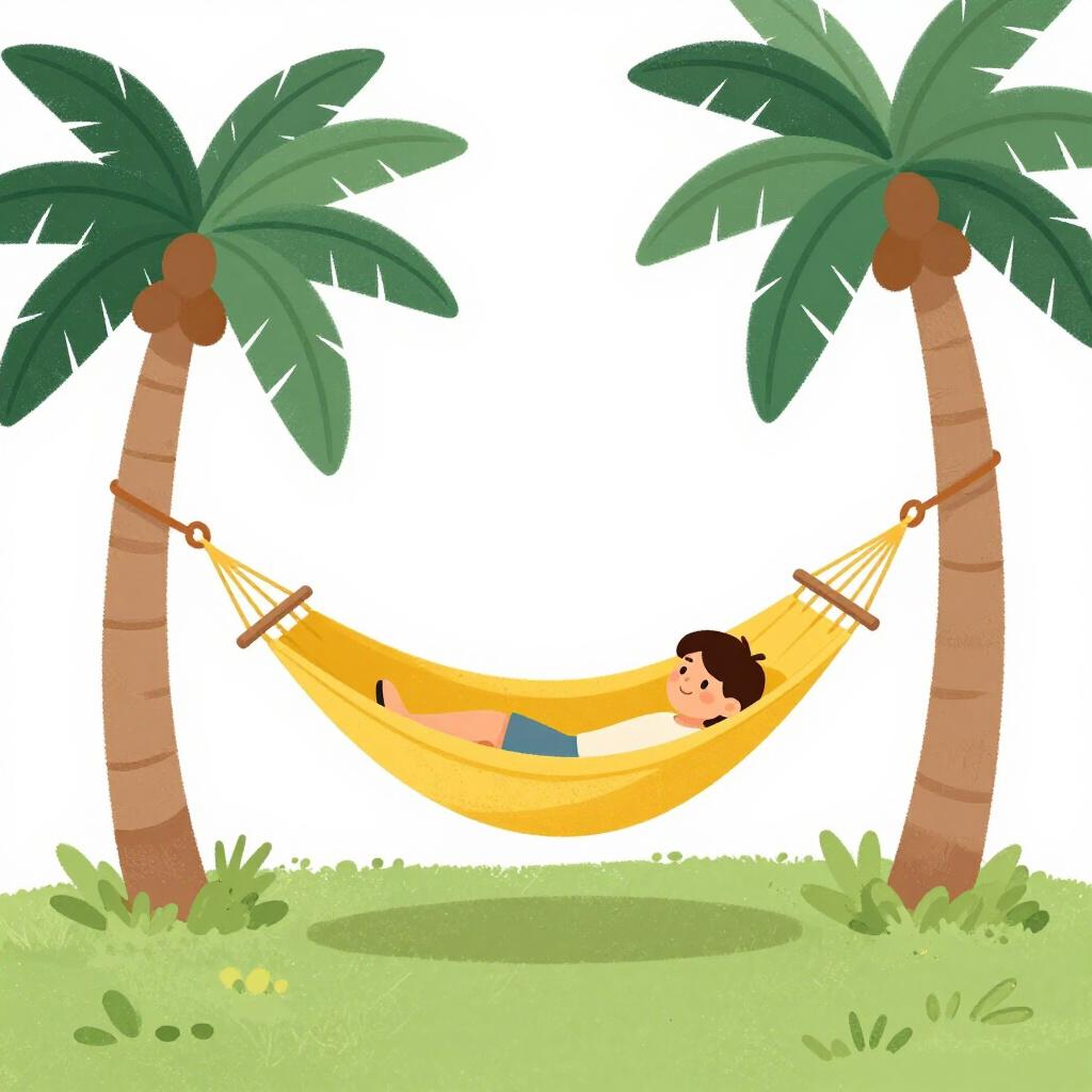 Une illustration vivement colorée d'une petite personne souriante se relaxant paisiblement dans un hamac jaune vif attaché entre deux palmiers verts par une journée ensoleillée au ciel bleu.