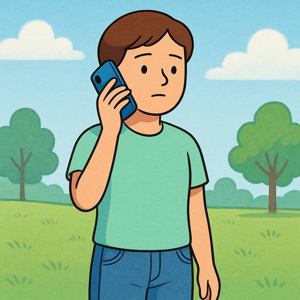 A colorful storybook illustration showing a young person holding a blue smartphone to their ear, indicating a completed phone call in an outdoor setting.