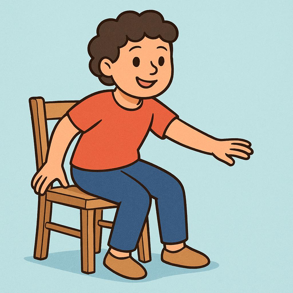 A storybook illustration showing a cheerful young character actively sitting down onto a simple, brightly colored wooden chair.