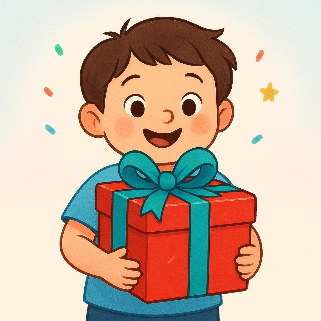 A smiling child happily holding a large, brightly wrapped present box they just received.