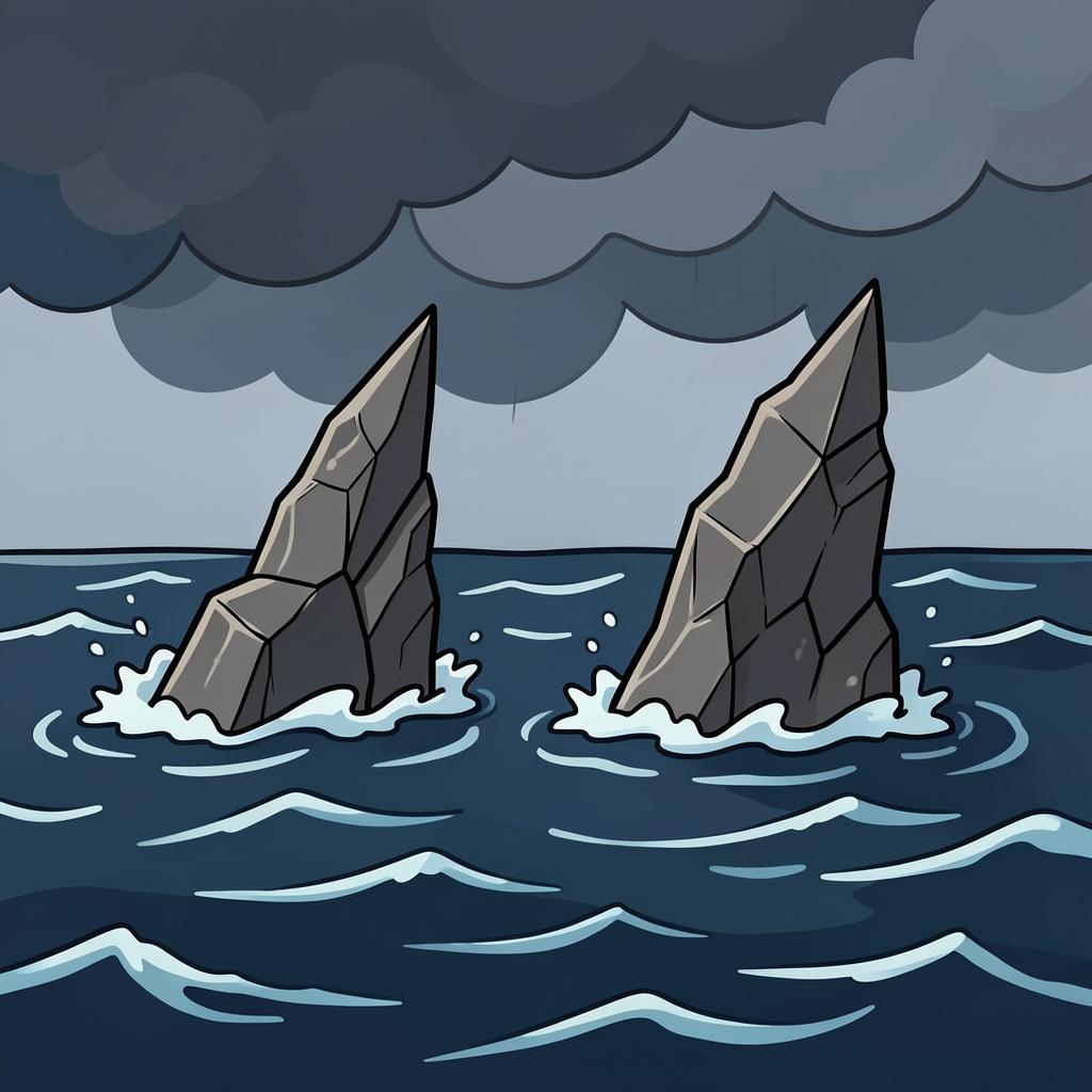 Two large, jagged rocks hidden just beneath the surface of turbulent ocean waves.