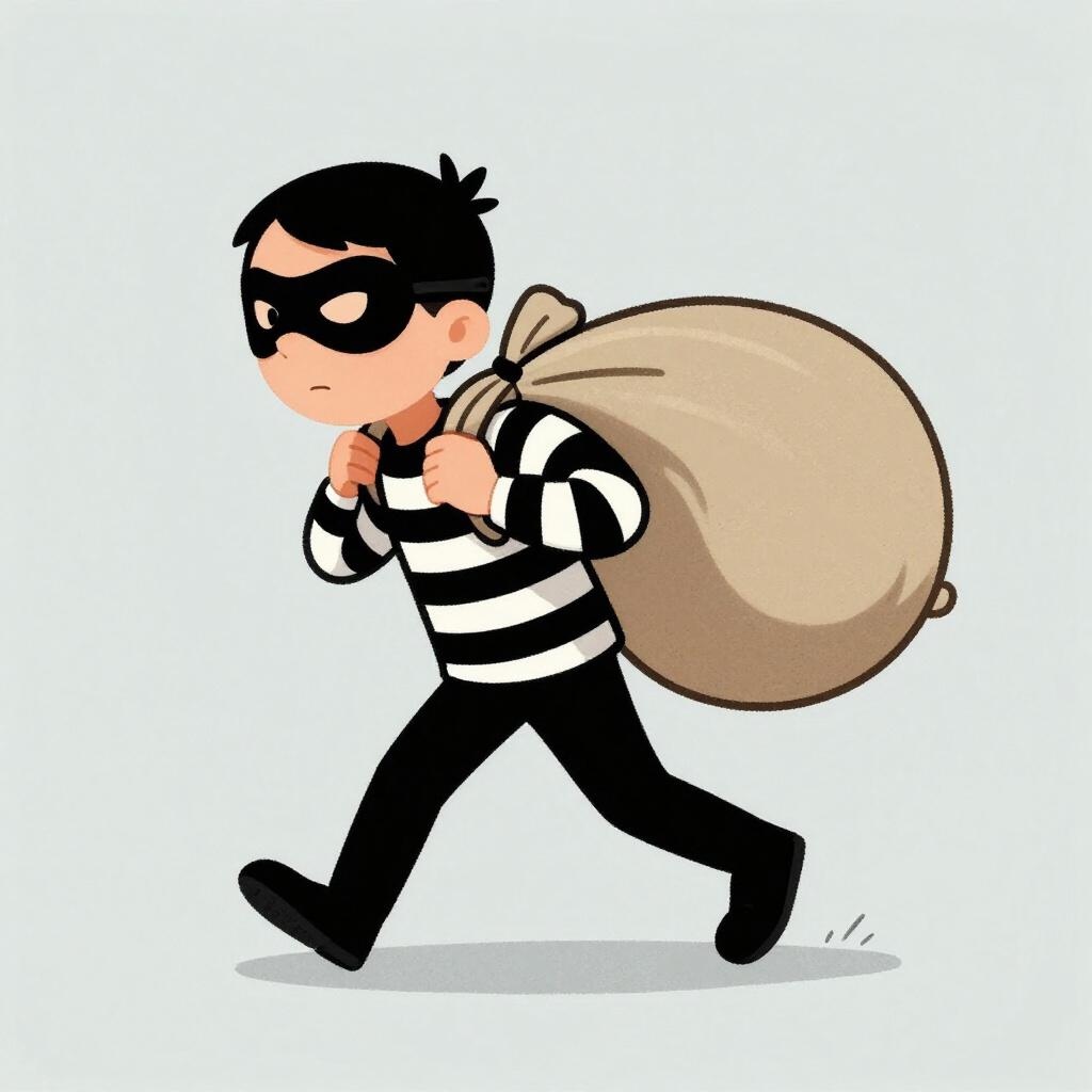 覆面をした人物が、肩に大きな膨らんだ袋を担いでそっと立ち去る絵本風のイラスト。