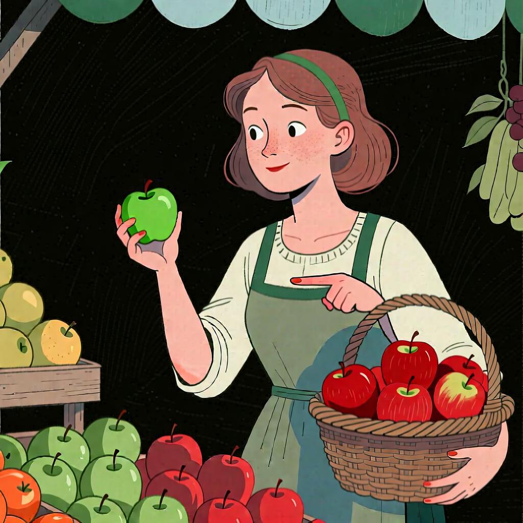 A woman at a fruit stand is holding a green apple but is pointing towards a red apple, indicating she wants the 'other' one.