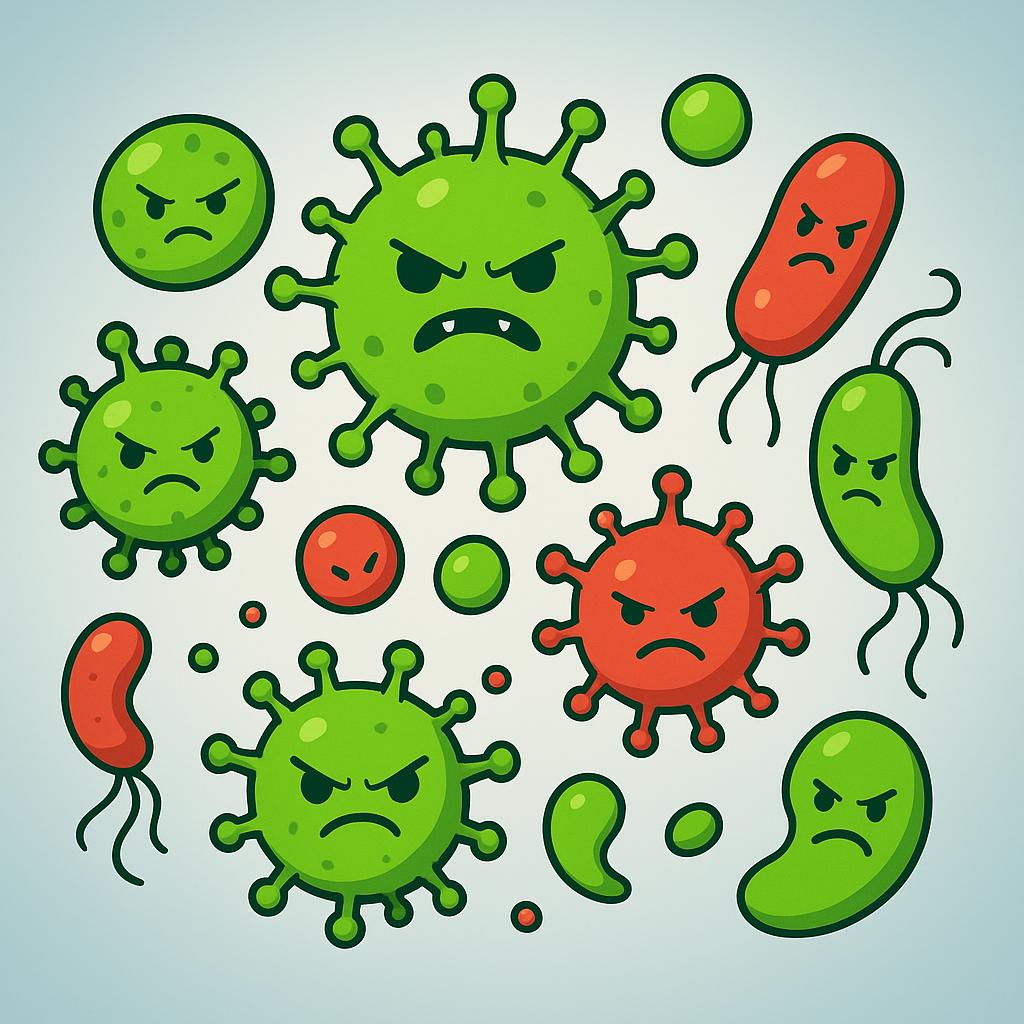 A storybook illustration showing a group of menacing, stylized green and red bacteria and virus shapes floating together, representing diseases.