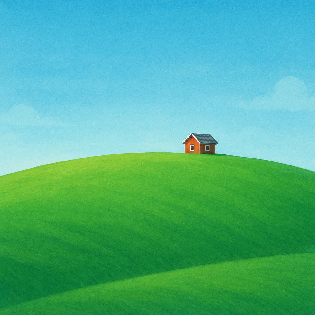 A tiny, simple wooden cabin sits very far away on the horizon of a vast, empty, green rolling hill under a bright blue sky.