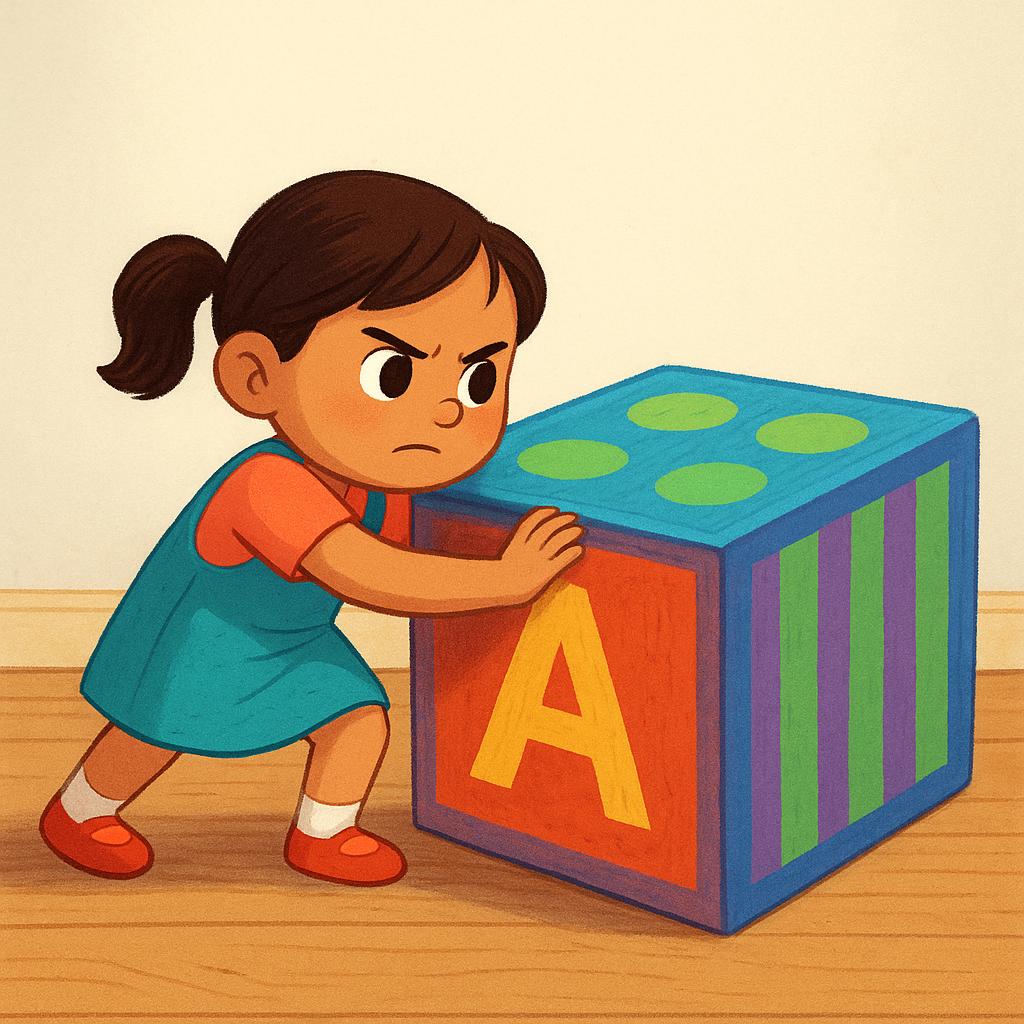 A determined young girl attempting to push a large, colorful wooden block across a floor, showing visible effort and strain.