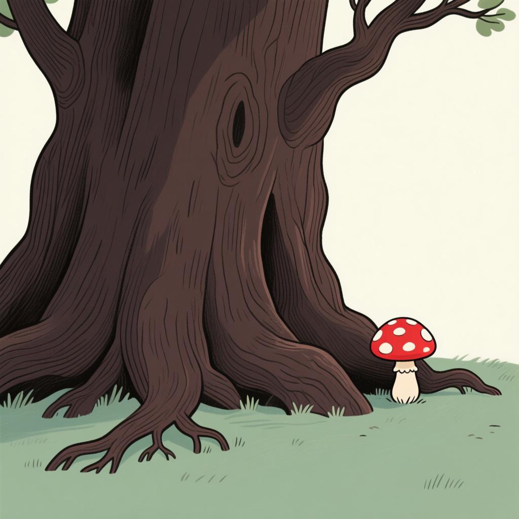A tiny, brightly colored red mushroom next to the massive root of a huge oak tree, illustrating small physical size.