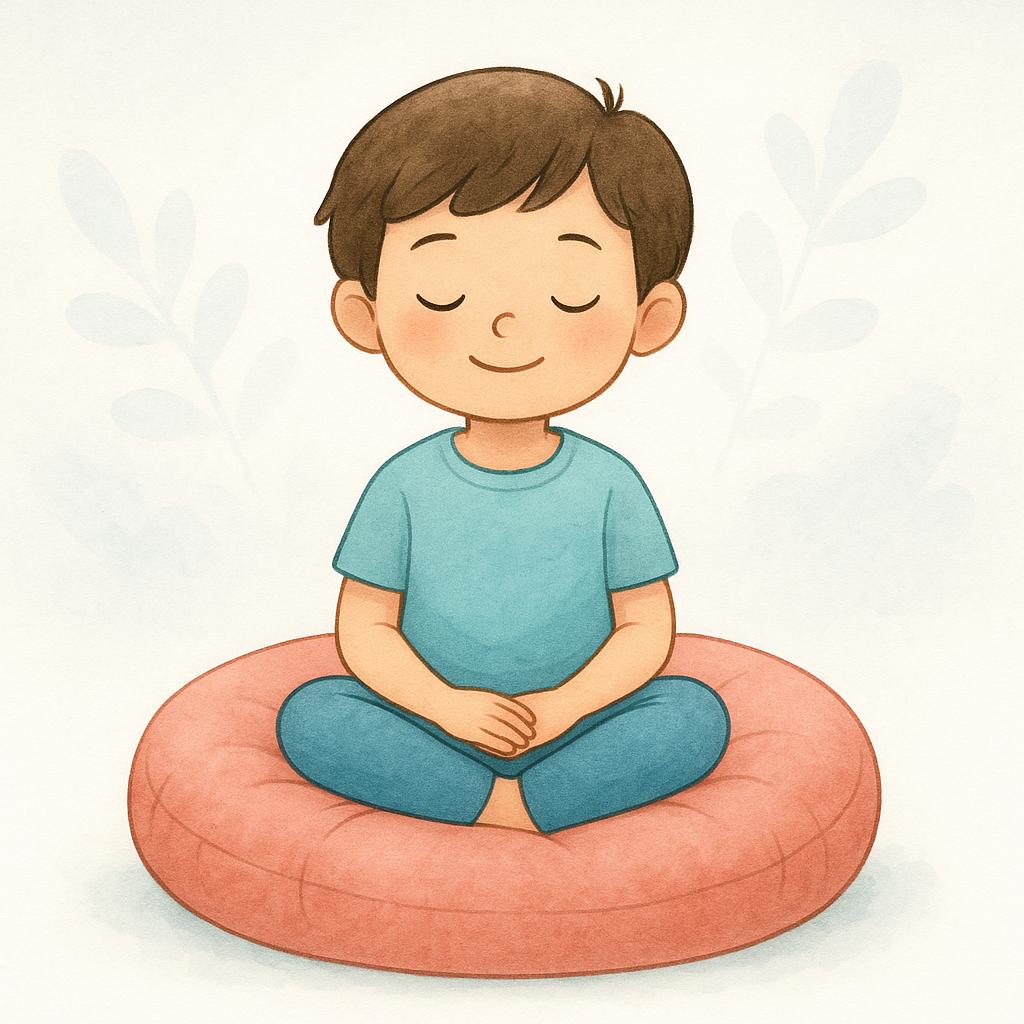 A storybook illustration showing a young child sitting peacefully and quietly on a large cushion, demonstrating the state of being silent.