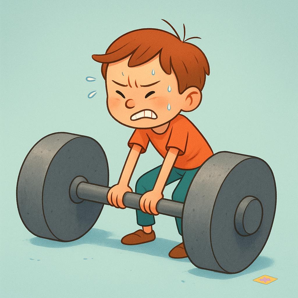 A small, skinny cartoon character struggling intensely to lift a disproportionately large, heavy gray dumbbell, illustrating a lack of physical strength.