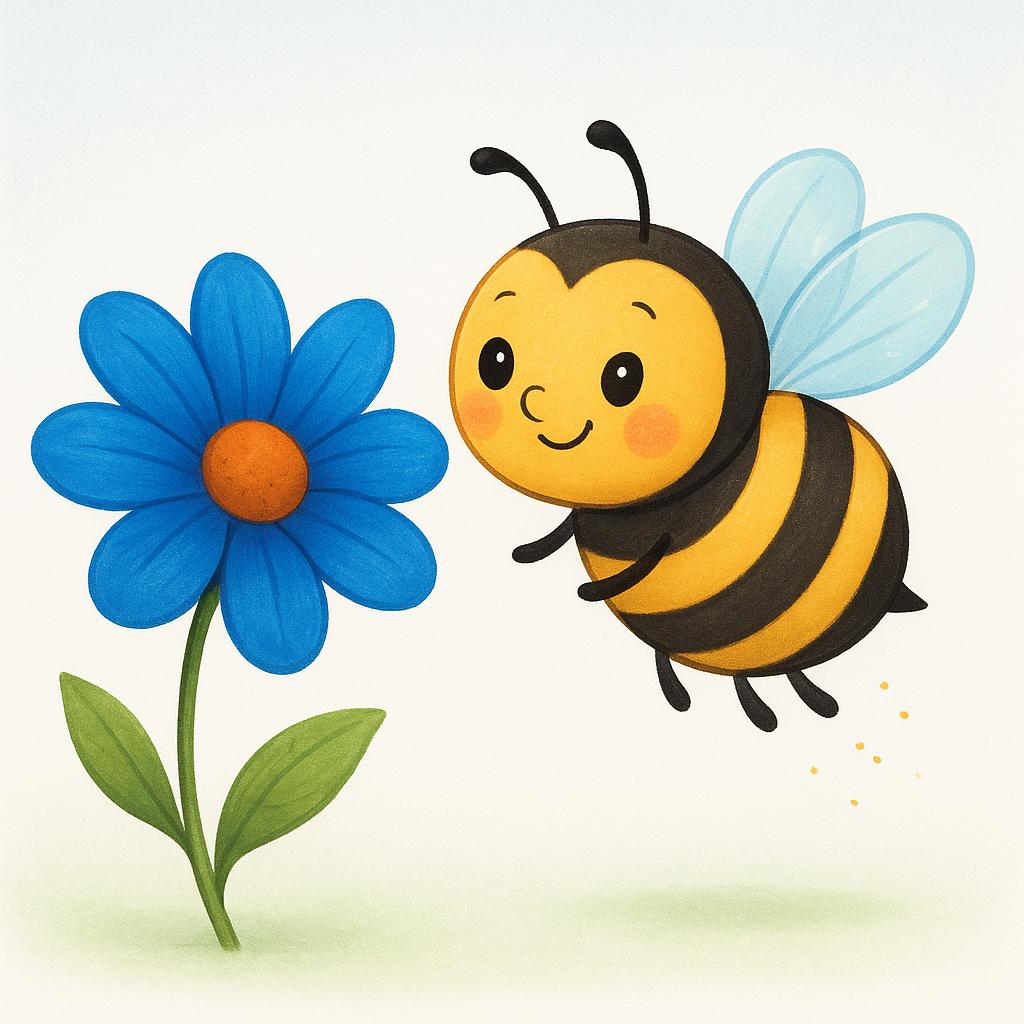 A high quality simple colorful storybook illustration showing a smiling bee hovering near a blue flower.