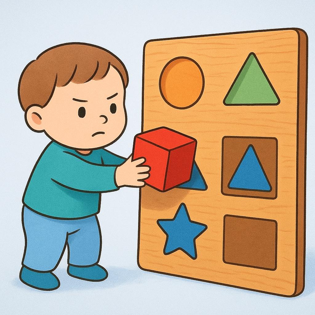 A small person reluctantly putting a bright red square block into the only matching square hole on a wooden puzzle board, illustrating a mandatory action.