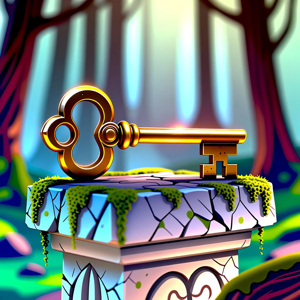 A massive, antique golden key resting prominently on a tall, sturdy stone pedestal, emphasizing its significance and value.
