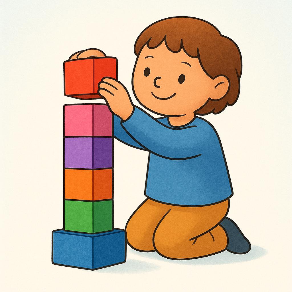 A high quality storybook illustration of a smiling cartoon character placing the final, bright red block on top of a perfectly built tower of colorful blocks, symbolizing completion.